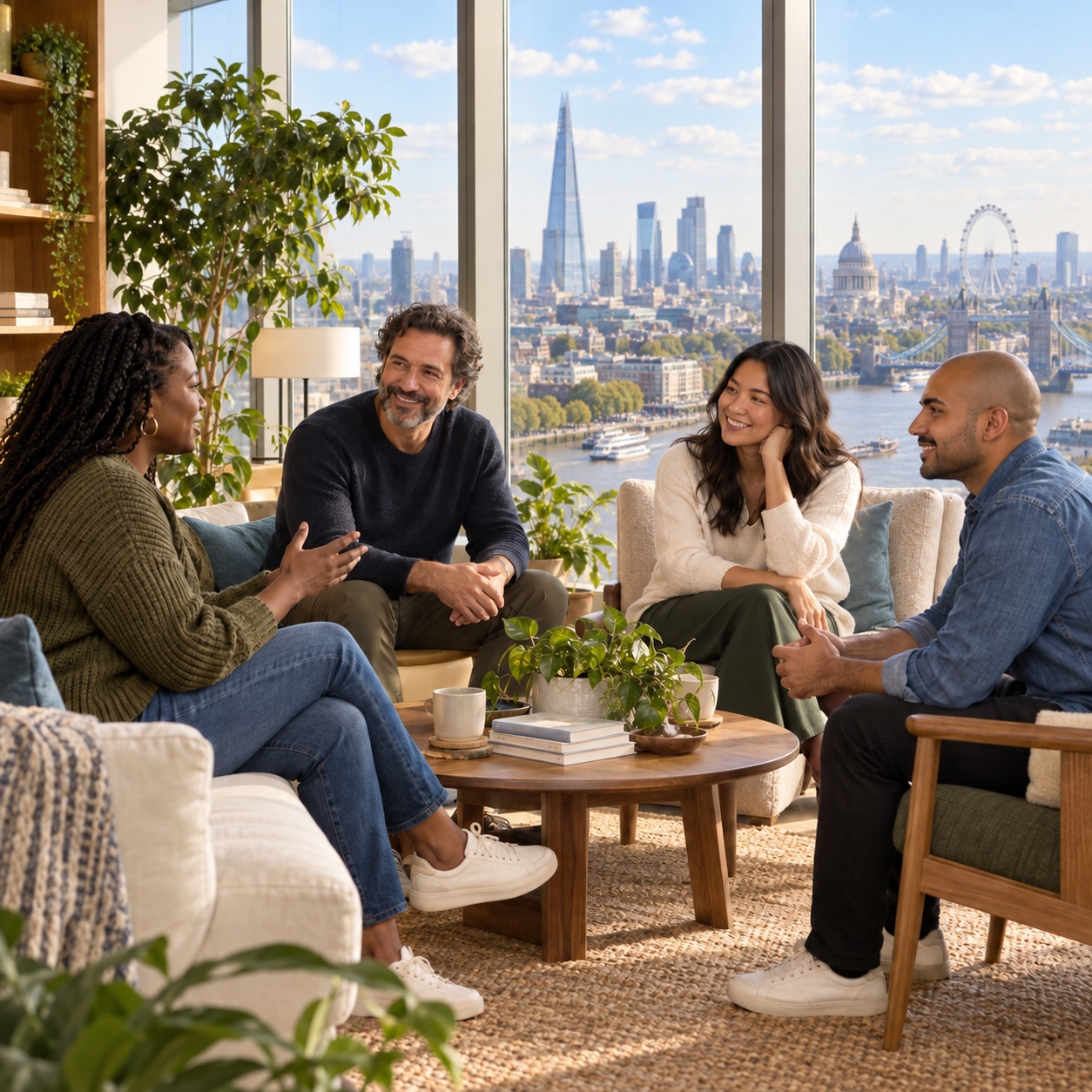 A diverse group meeting in a welcoming London office with the city skyline beyond